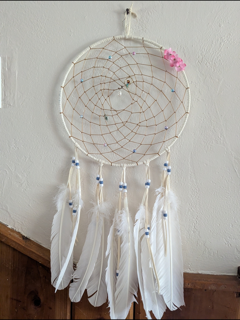 Handmade White Dreamcatcher with Blue Beads